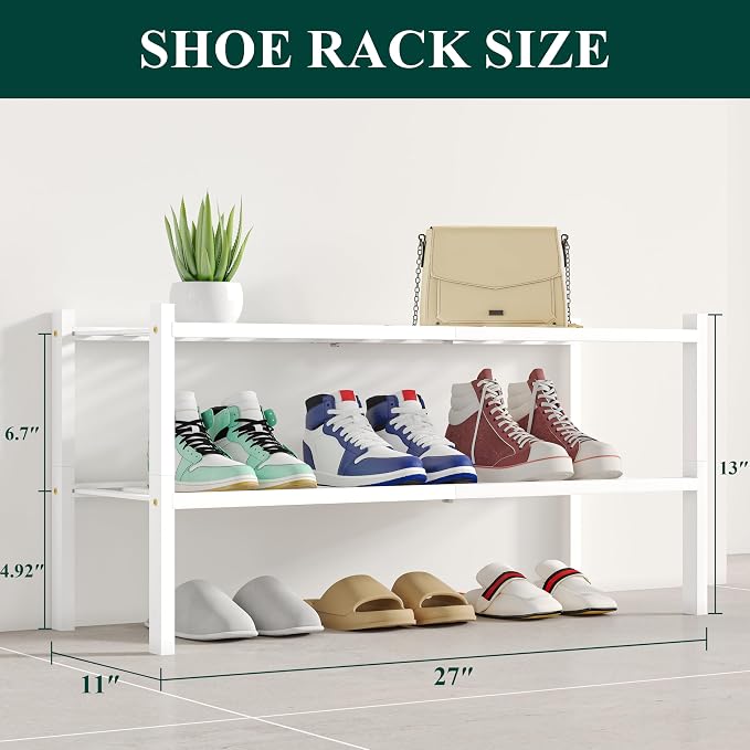 Smiry Shoe Rack, 2 Tier Bamboo Shoe Organizer, Stackable Free Standing Wooden Shoe Storage Shelf for Closet, Entryway, Front Door Entrance, White - Image 2