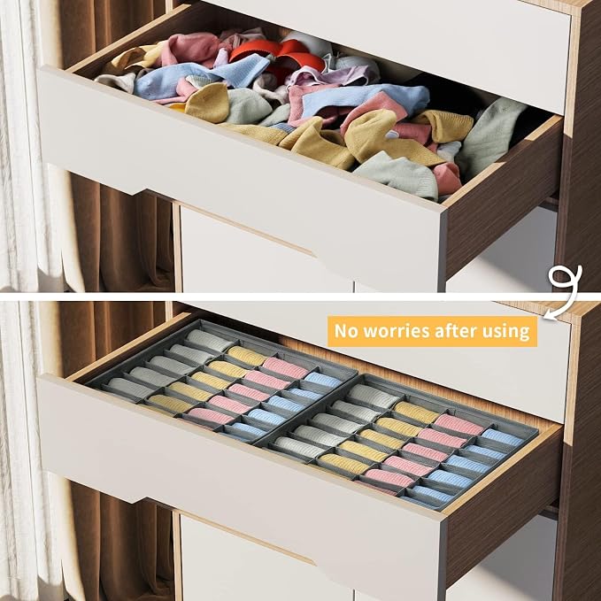 Joyoldelf Sock Drawer Organizer Divider 2 Packs Underwear Organizer, 24 Cell Closet Organizers and Storage Organizer Sock Holders Organizers for Storing Socks, Handkerchiefs, Ties, Belts (Grey) - Image 7