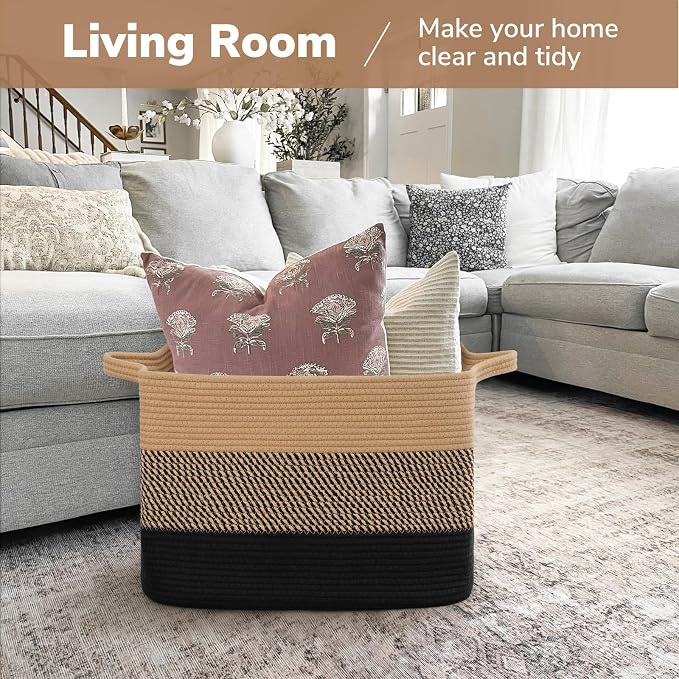 Goodpick Large Woven Basket 18" x 14" x 12" Cotton Rope Storage Baskets for Organizing, Rectangle Wicker Laundry Basket with Handles, Toy Baskets for Kids, Black & Jute - Image 2