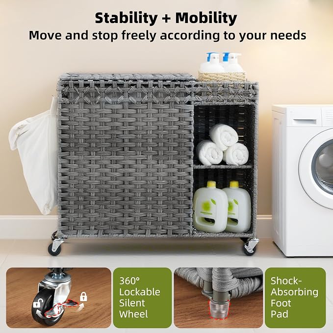 Laundry Hamper with Lid, 160L Rattan Wicker Laundry Basket with Wheels, Handwoven Laundry Hamper 2-Section with Storage shelf(42.3 Gal), Laundry Sorter Basket with Removable Liner, Grey HLH032G - Image 7