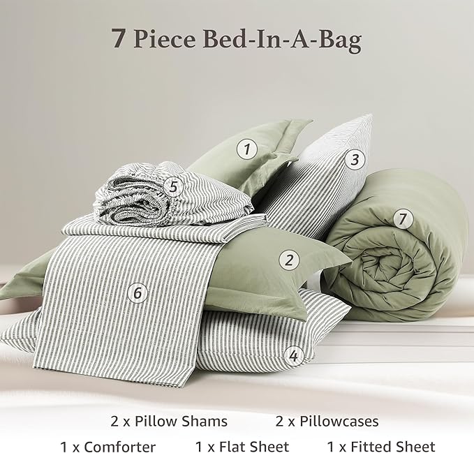 Monbix Queen Comforter Set - 7 Pieces Green Prewashed Bed in a Bag Queen Bedding Sets with Comforters, All Seasons Ultra Soft Comforter Bed Set with Sheets,Pillowcases & Shams