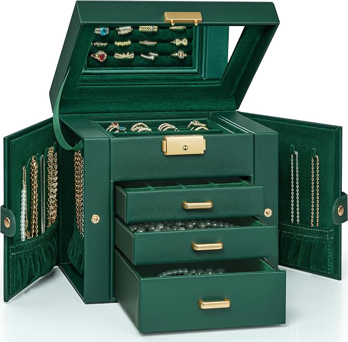 AKOZLIN 4-Tier Jewelry Box Leather Jewelry Storage Organizer with 3 Drawers Lockable for Women Girls Ring Necklace Earring Bracelet Holder with Mirror Forest Green by AKOZLIN