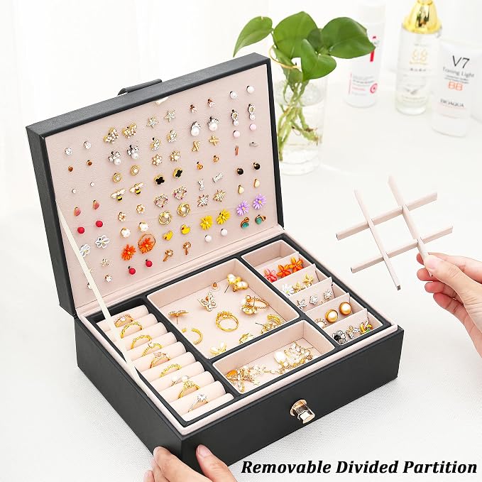 Earrings Jewelry Box for Girls, Large Capacity Jewelry Organizer with 40-Pair Earring Board, 2-Layer Leather Jewelry Storage Box for Necklaces Rings Bracelets with Removable Tray(Gift Idea),Black - Image 4