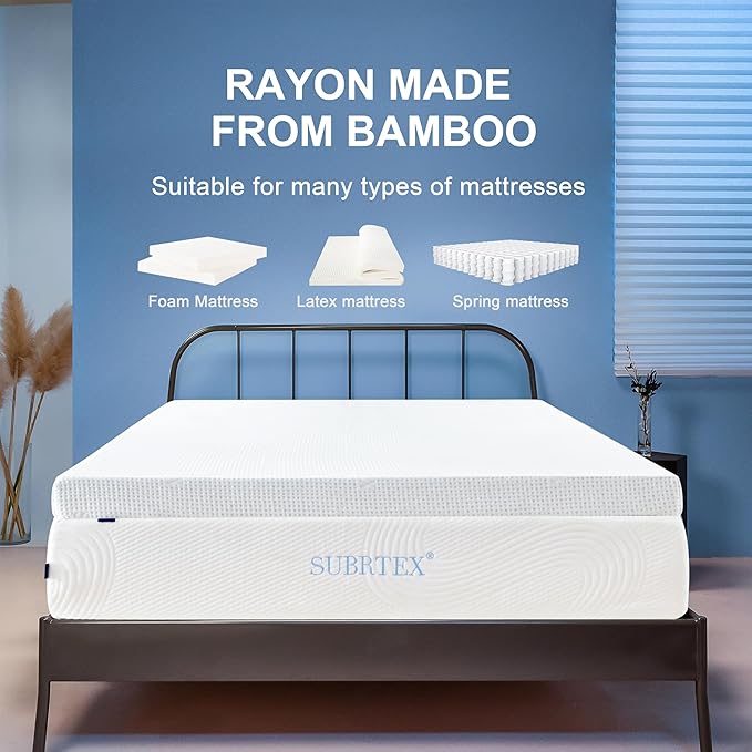 Subrtex Mattress Topper Cover (Only Cover) Mattress Protector Bedding Rayon Made from Bamboo Removable Mattress Encasement Mattress Cover with Zipper (2 Inch, White, Twin)