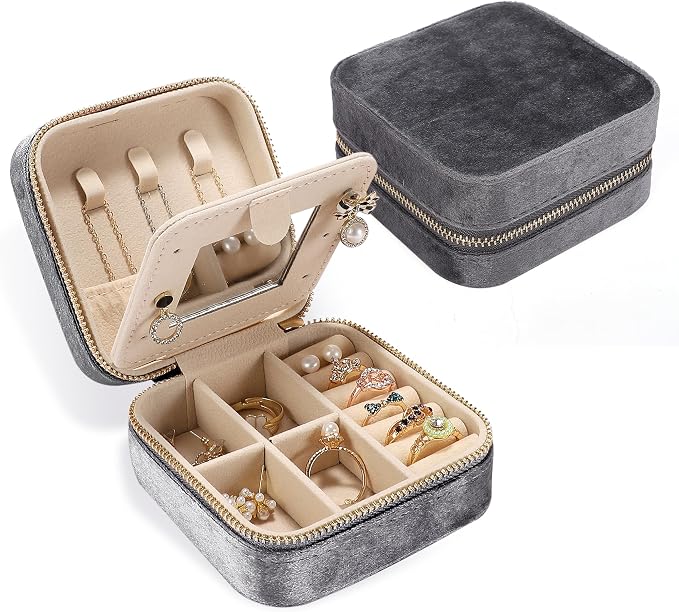 Velvet Travel Jewelry Box for Women - Small Portable Organizer, Storage Case for Rings, Earrings and Girls Necklaces, Ideal Gift for Travel (Gray) by Unknown