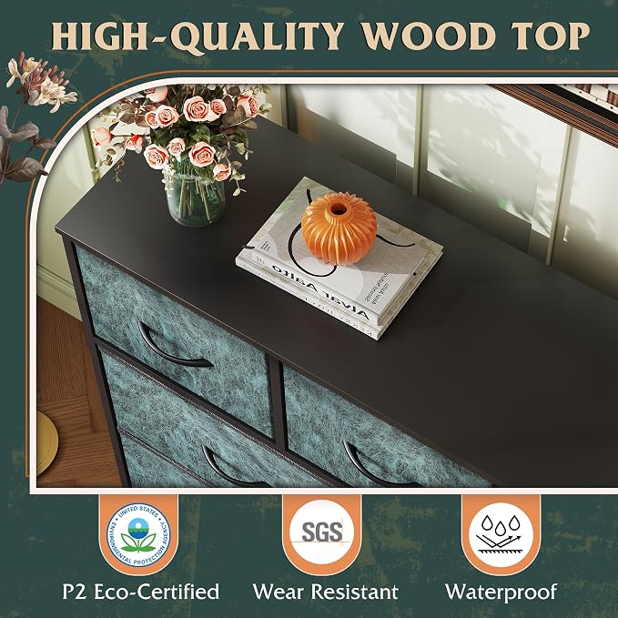 WLIVE 9 Drawer Dresser, Fabric Storage Tower for Bedroom, Hallway, Closet, Tall Chest Organizer Unit for Bedroom with Fabric Bins, Steel Frame, Wood Top, Easy Pull Handle, Vintage Green - Image 6