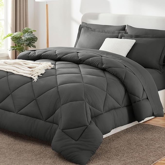 CozyLux California King Comforter Set Dark Grey - Cal King Bed in a Bag 7 Pieces, Luxury Soft Bed Set for All Seasons, Bedding Set with Down Alternative Comforter, Sheets, Pillowcases & Shams