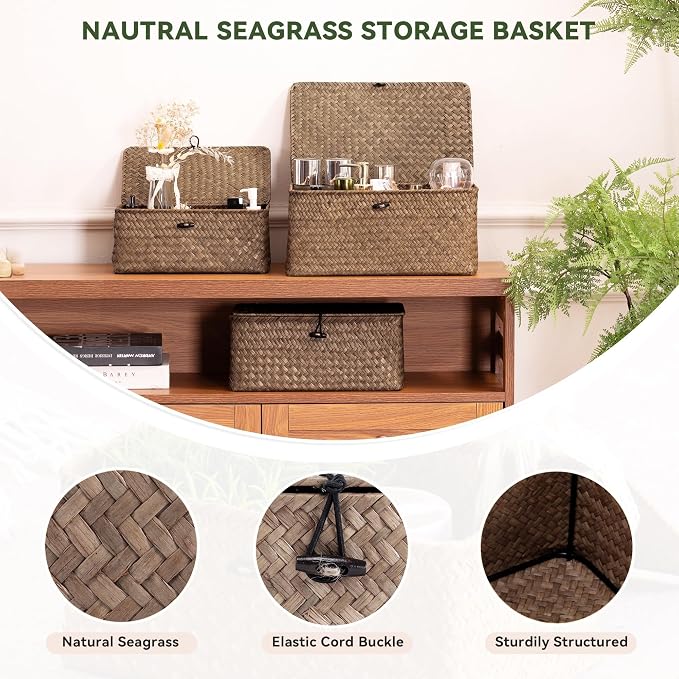 Nonam Seagrass Storage Baskets with Lid Set of 3,Wicker Basket Storage Bin for Shelves,Rectangular,Boho Decor,Handwoven Shelf Basket for Organizing-Storage Container Box for Home Organization-Coffee - Image 7