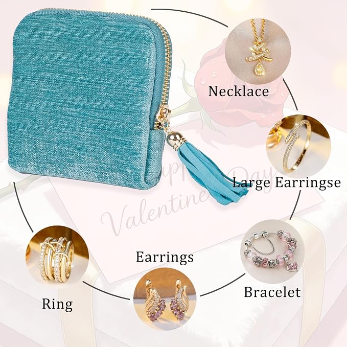 ASINGYER Travel Jewelry Storage Bag for Women, Velvet Portable Jewelry Organizer with Tassel Zipper, Small Pouches for Bracelets Necklaces Rings Earrings, Wedding Gift for Women (Sky blue) - Image 4