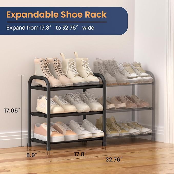 ENJOYBASICS 3 Tier Expandable Shoe Rack for Closet, Free Standing Metal Shoe Shelf Storage Organizer Holder 12 Pairs, Adjustable Width Shoe Rack for Entryway Small Space, Black | Adjustable, for Closet, Shoe Rack Storage, for Small Space, Entryway - Image 2