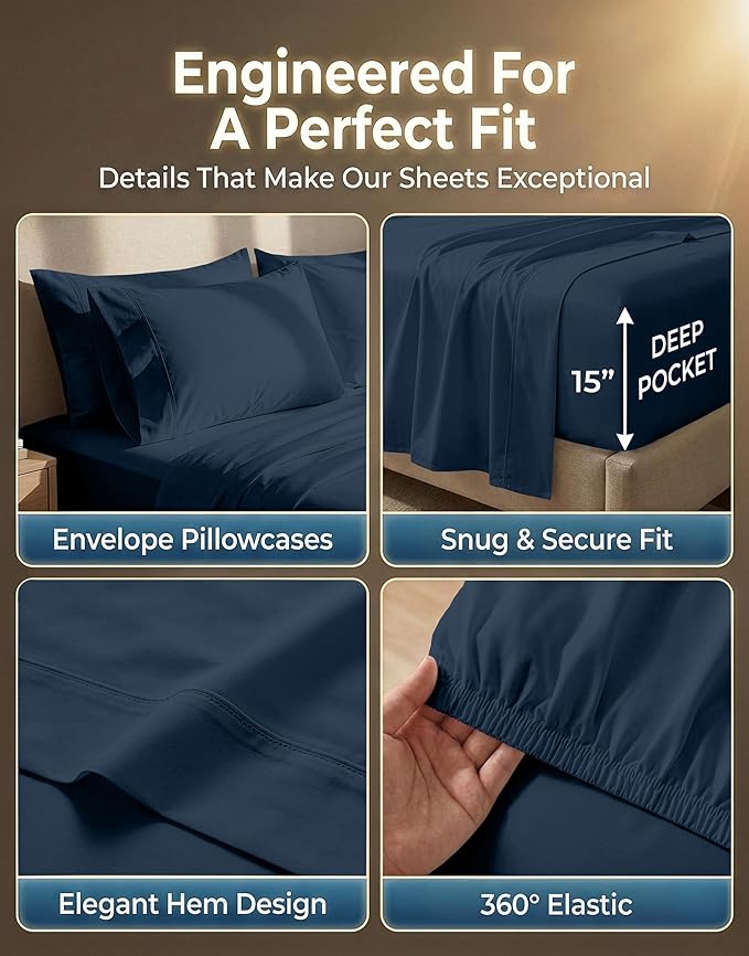 LANE LINEN 100% Cotton Deep Pocket Full Size Sheets Set - 600 Thread Count Premium Sateen Weave for A Silky Feel - Hotel Quality Softness for Year Round Comfort - Oeko TEX Certified - Denim