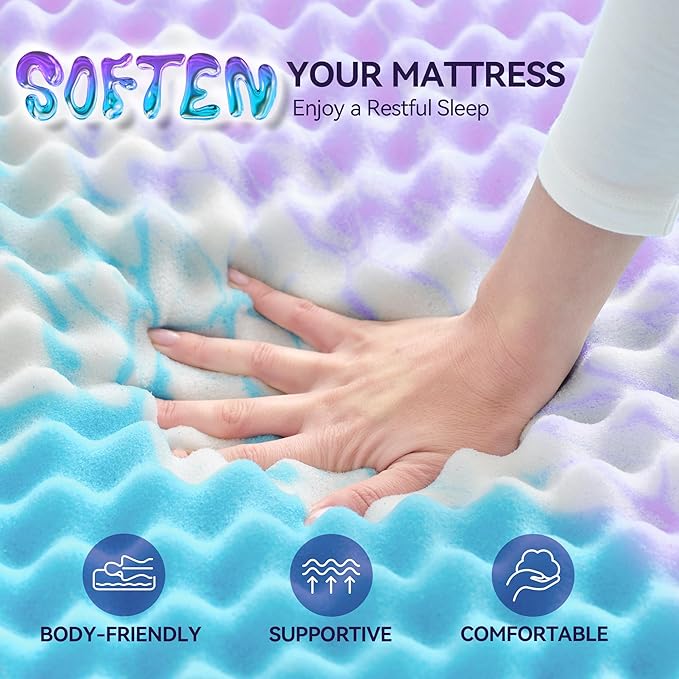 SINWEEK 2 Inch Egg Crate Memory Foam Mattress Topper Twin XL, Twin Extra Long Mattress Pads for College Dorm Single Bed, Pressure Relieve CertiPUR-US Certified,39x80 Inches, Colorful