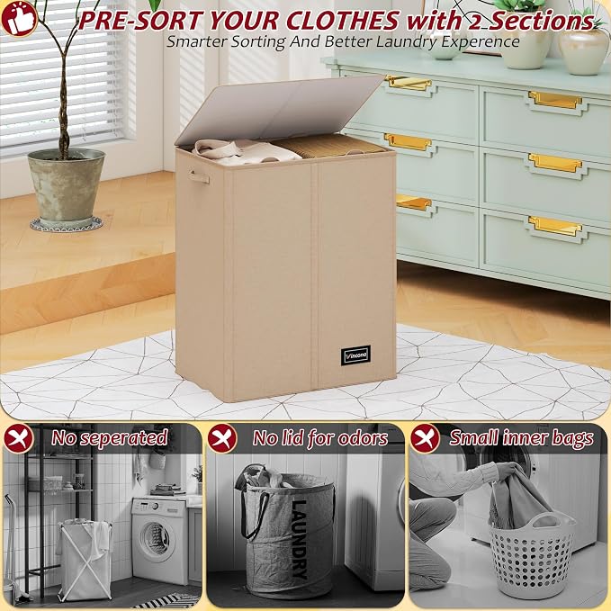 150L Laundry Hamper 2 Section, Large Laundry Hamper with Lid, Dirty Clothes Hamper with 2 Removable Inner Bags, Collapsible Laundry Basket Organizer for for Clothes Toys Towels, Hamper 2 Compartment - Image 3