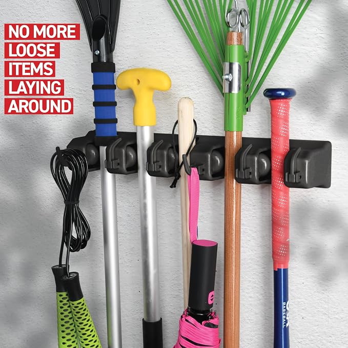 Mop and Broom Holder Wall Mount - Garage Storage Organizer with 5 Slots, 6 Hooks, 7.5lbs Capacity Per Slot - Home, Kitchen, Closet, Garden Tools, Laundry Room Organization – Black Broom Hanger - Image 4