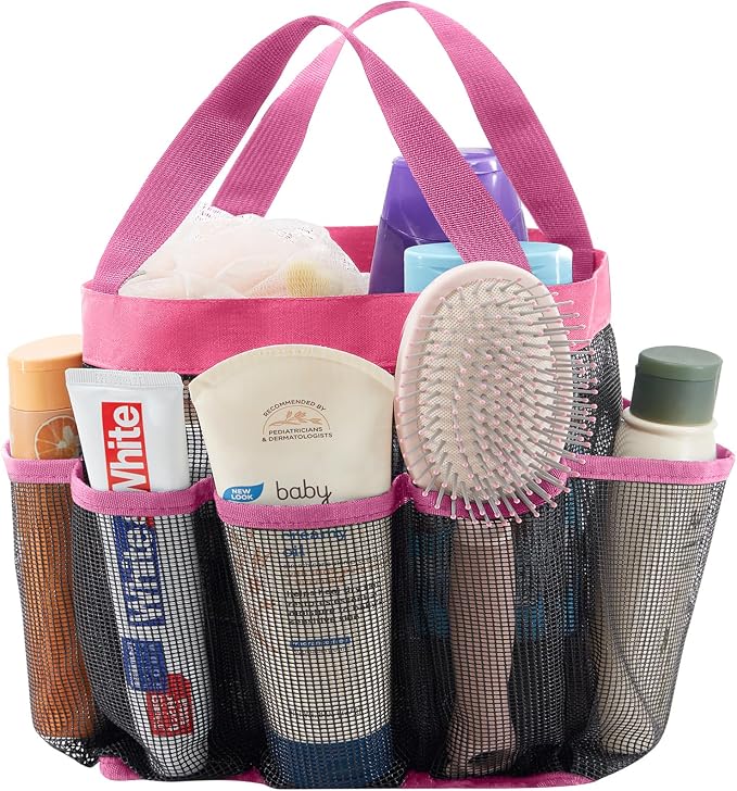 Lifewit Mesh Shower Caddy Portable for College Dorm Room Essentials with 7 Pockets, Freestanding Hanging Organizer Basket, Quick Dry Tote Bag for Camping, Bathroom, Beach, Travel, 1 Pack, Pink by Lifewit