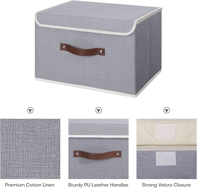 ANMINY Storage Bin with Lid Storage Boxes with PU Leather Handles PP Plastic Board Decorative Foldable Lidded Cotton Linen Fabric Home Cubes Baskets Closet Organizer Container - Gray, Large Size - Image 3