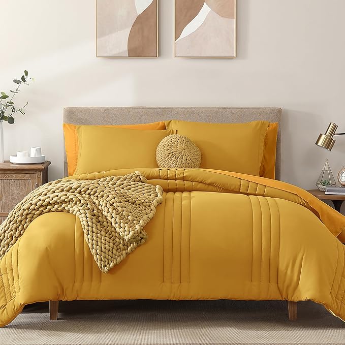 Monbix Queen Comforter Set - 7 Pieces Bright Yellow Bed in a Bag Queen Bedding Sets with Comforters, All Seasons Comforter Bed Set with Sheets,Pillowcases & Shams