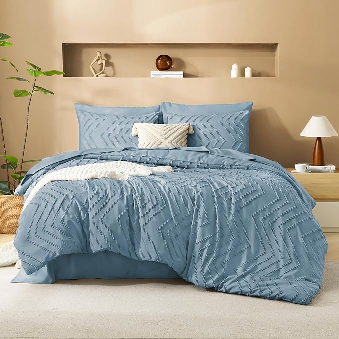 Litanika Grayish Blue Full Size Comforter Set with Sheets - 7 Pieces Bed in a Bag Full Chevron Tufted Complete Bedding Sets with Comforter, Sheets, Pillowcases & Shams