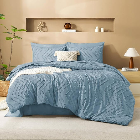 Litanika Grayish Blue Queen Size Comforter Set with Sheets - 7 Pieces Bed in a Bag Queen Boho Tufted Complete Bedding Sets with Comforter, Sheets, Pillowcases & Shams