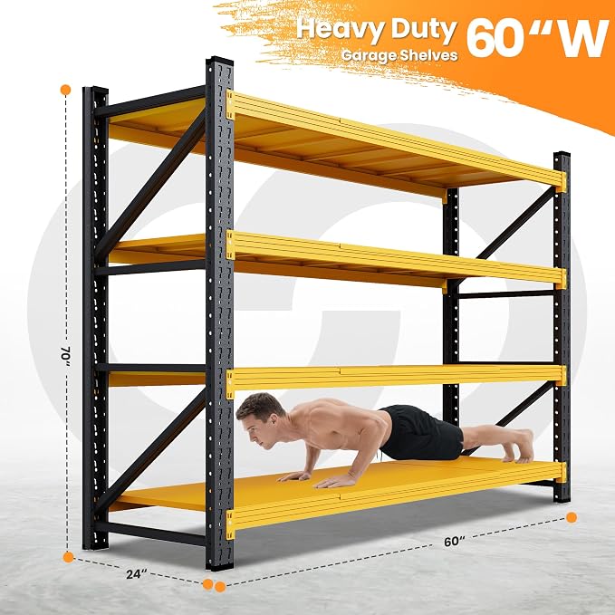 60" Wide Garage Shelving Heavy Duty, 24" Deep Large Metal Storage Shelves, 4 Tier Tall Steel Industrial Shelving, 5000 LBS Adjustable Standing Shelf for Warehouse/Shop 60" W x 24" D x 70" H - Image 2