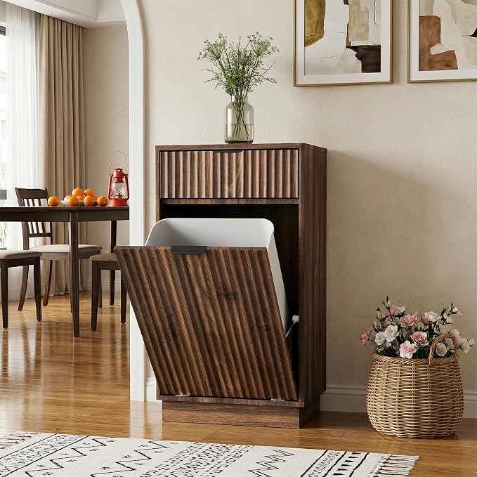 Tilt-Out Trash Cabinet with 10-Gallon Capacity, Walnut Laundry Hamper Cabinet, 34.3 x 19 x 13.8 inches, Wave-Textured Front. - Image 9