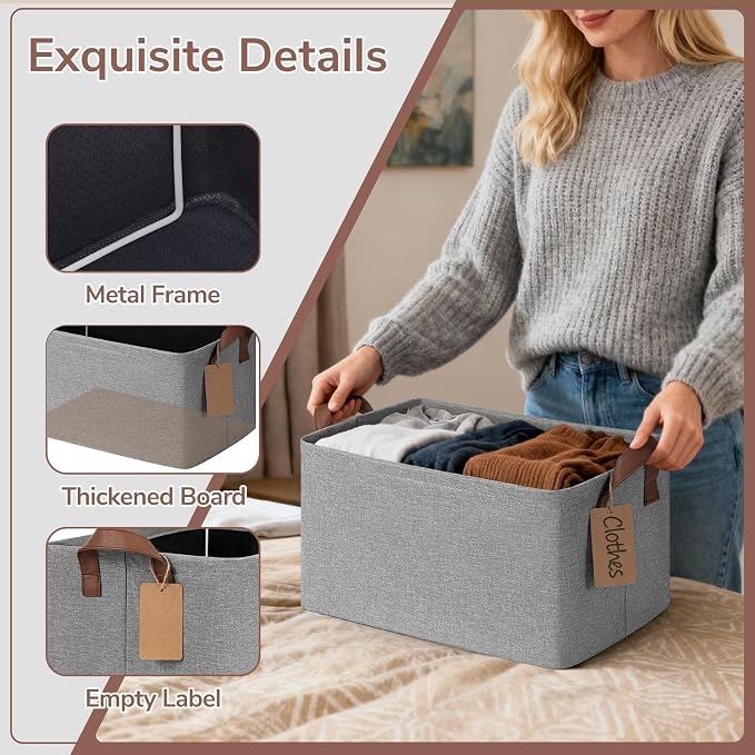 CHICVITA 4 Pack Storage Baskets for Shelves, Foldable Fabric Storage Bins with Metal Frame Handles, Closet Organizer Bins for Toys Blankets, 14.8" x 10.3" x 8.3", Gray - Image 5
