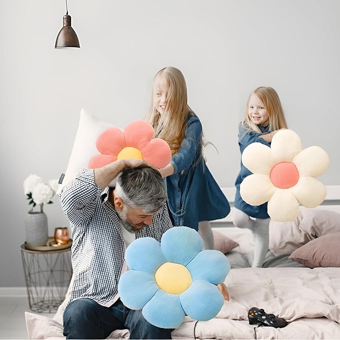 3Pcs Flower Pillow - Flower Shaped Throw Pillow Seating Cushion, Cute Daisy Flower Pillow Floor Pillows for Adults Kids Home Bedroom Sofa Chair Couch Decor (White/Pink/Purple, 15.74 in+19.68 in)
