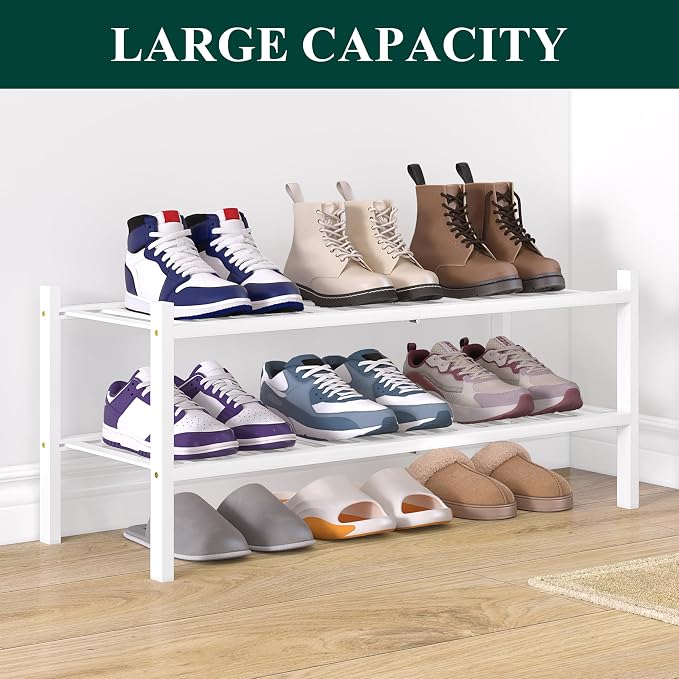 Smiry Bamboo Shoe Rack for Closet, 2 Tier Wooden Stackable Shoe Organizer, Free Standing Shoes Storage Shelf for Entryway, Front Door Entrance, White - Image 5
