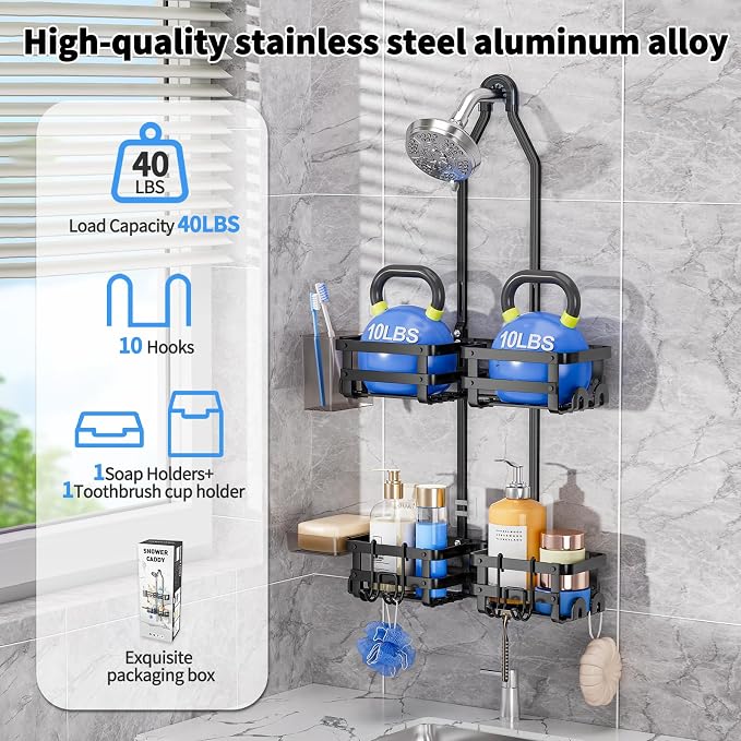 GAOKASE Aluminum Shower Caddy Hanging, Never Rust Shower Organizer- 4 Levels with adjustable Height 10 Hooks for Razor/Sponge - Rack with Soap Basket (Black-1) - Image 5