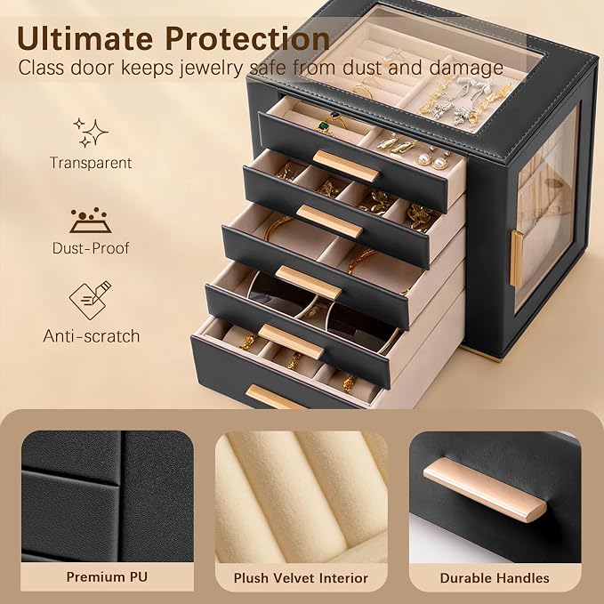 Homeanda Jewelry Box for Women with Glass Lid, 5 Drawers Jewelry Organizer and Storage for Necklaces, Rings, Earrings, Bracelets, Gift for Girls and Teens,PU Leather (Black) - Image 5