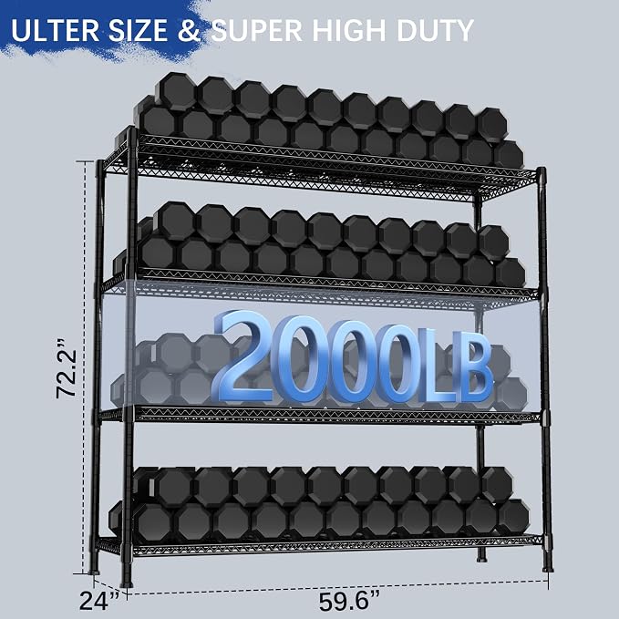 Heavy Duty Shelving, 72.2" H Garage Shelving Unit with Leveling Feet, 4-Tier Adjustable Garage Storage Shelves Metal Rack, Industrial Shelving for Warehaouse Storage, 60" W x 24" D x 72.2" H, Black - Image 3