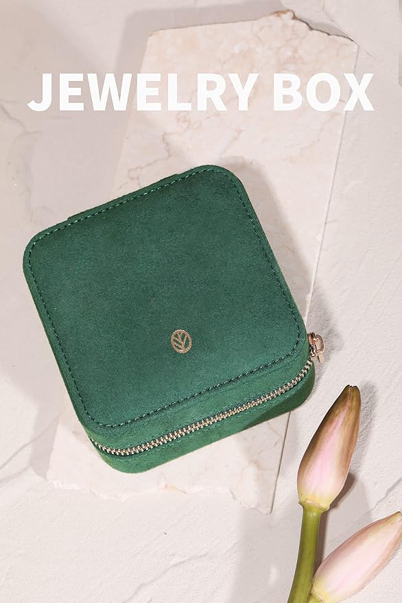 S.Leaf Travel Jewelry Organizer Boxes for Women Small Portable Necklace Earrings Bracelet Rings Travel Case Best Friend Birthday Gifts for Women Trendy (08_Suede_Touch_Emerald) - Image 2