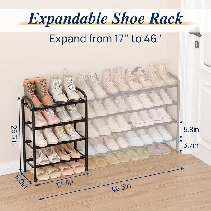 ENJOYBASICS 4 Tier Expandable Shoe Rack for Closet, Free Standing Metal Shoe Shelf Storage Organizer Holder 24 Pairs, Adjustable Width Shoe Rack for Entryway Small Space, Black - Image 2