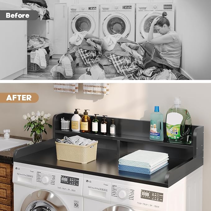 2-Tier Washer Dryer Countertop with 2.75"H Edge Rails, 54" W x 27.55" D Laundry Countertop for Folding Clothes, Washer and Dryer Topper with Non-Slip Pad (Black) - Image 7