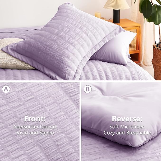 CozyLux King Size Comforter Set Light Purple Seersucker 7 Pieces Bed in a Bag King Comforter Set with Sheets, Lavender Luxury Bedding Sets with Down Alternative Comforter, Sheets, Pillowcases & Shams