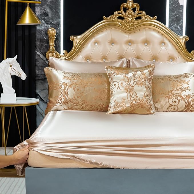 Queen Size 8-Piece Jacquard Comforter Set with Satin Sheets Set – Elegant Coordinated Bedding Collection for Bedroom