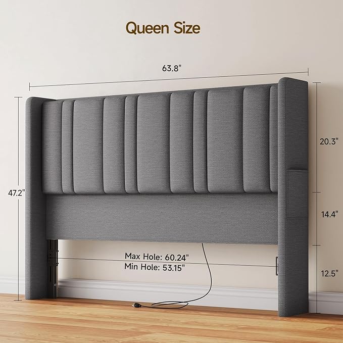 ONBRILL Queen Size Headboard with Storage, LED Light, Linen Vertical Wingback Headboard with Charging Station, Upholstered Head Board Queen w/High-Density Sponge Padding, 2 Storage Pockets, Grey