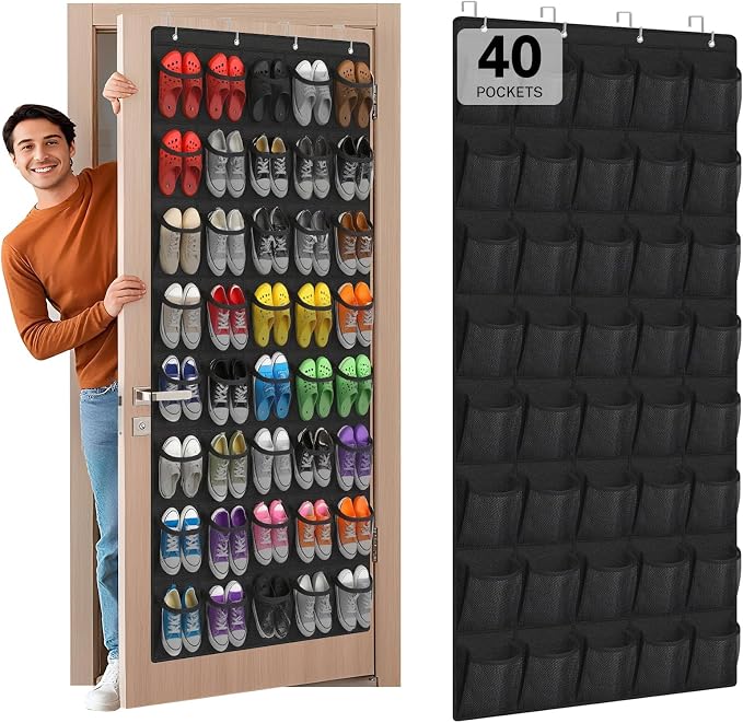 Over the Door Shoe Organizer,40-Pocket Hanging Shoe Rack for Closet Door,Shoes Storage Holder Hanger with Large Mesh Pocket for Women Men Shoes,Flip Flops(Black) by Unknown