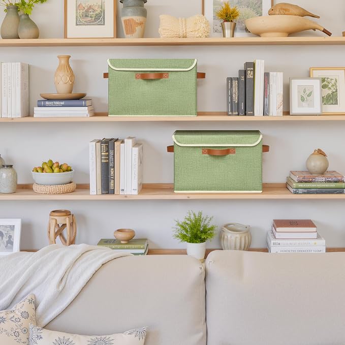GRANNY SAYS Fabric Storage Bins with Lids, Decorative Storage Boxes with PU Handles, Keepsake Memory box, Shelf Baskets for Closet, Sage Green/White, Large, 2-Pack - Image 4
