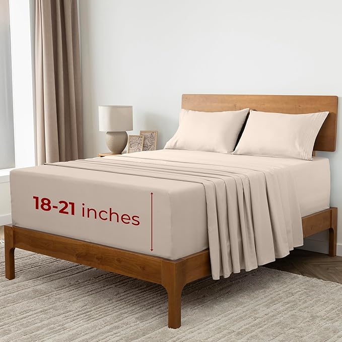 Mellanni Extra Deep California King Sheets - 4 PC Iconic Collection Bedding - Hotel Luxury, Ultra Soft, Cooling Bed Sheets - Wrinkle, Fade, Stain Resistant (Cal King, Beige)