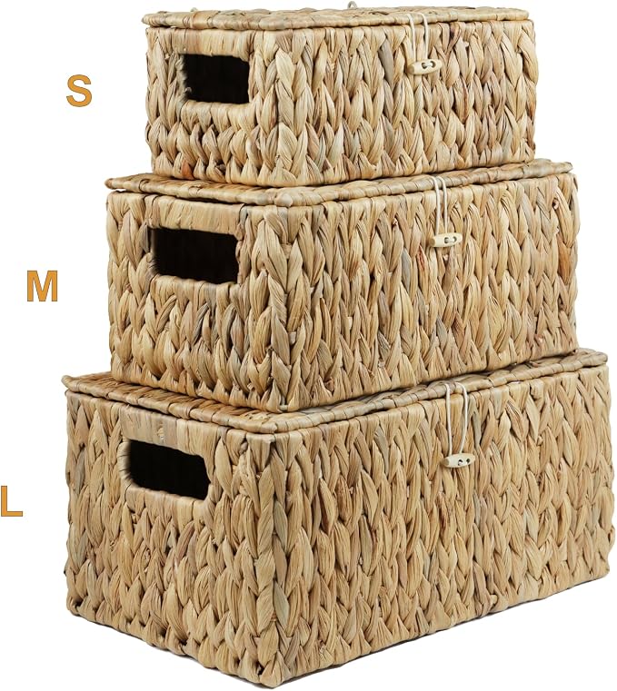 ORDELITE Set of 2 Wicker Basket with Lid, Rectangular Water Hyacinth Storage Baskets for Organizing, Decorative Woven Basket Bins Boxes for Organizing Home - Image 7