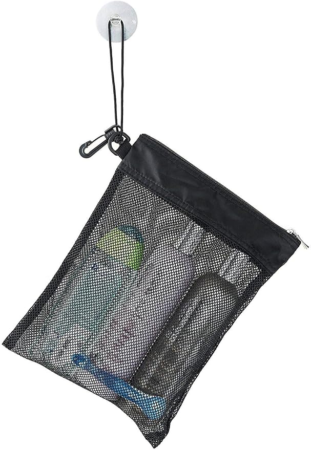 Shower Bag Tote, Mesh Caddy Toiletry Organizer 12”L x 9”W, Compact and Lightweight With Suction Cup, Cord for Hanging, Zipper and Drawstring Pouch 14”L x 10”W, Black - Image 7