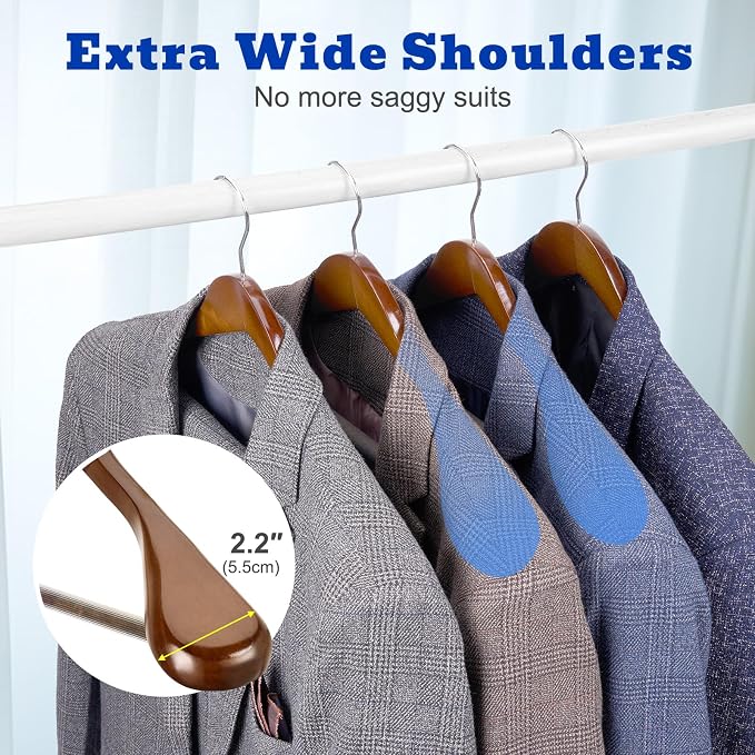 HOUSE DAY Wood Suit Hangers for Men, Smooth Wide Shoulder Wooden Hanger with Non Slip Pant Holder, Wide Hangers for Suits, Coats, Jackets, Heavy Wide Clothes Hanger 2 Pack, Walnut - Image 3