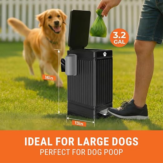 Pupzle Dog Poop Trash Can Outside, 3.2 Gal Metal Dog Waste Trash Can with Lid Outdoor, Waste Container with Pedal Garbage Poop Bin, Poo Bucket Outdoor with Lid for Backyard Odor Control - Image 2