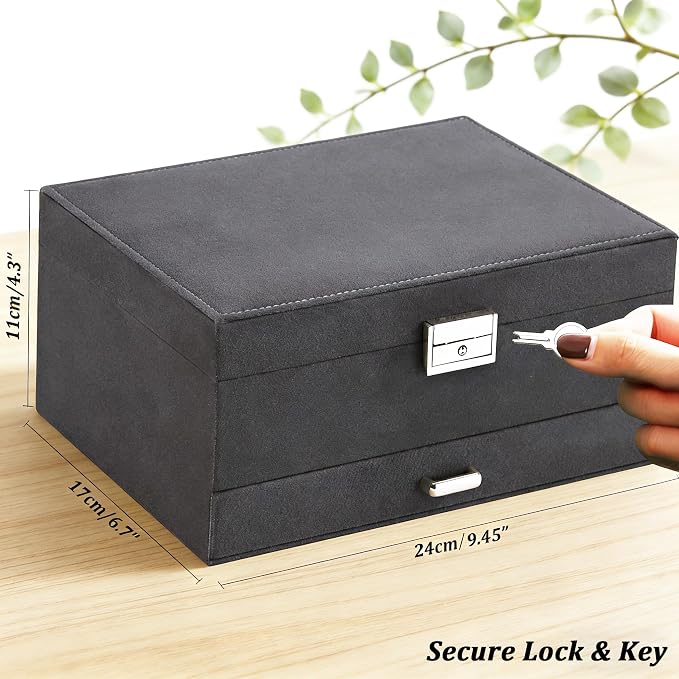 QBestry 3-Layer Jewelry Box for Women with Lock and Key & Drawer, Large Jewelry Organizer with 8 Necklace Hooks & 56 Earring Holes, Grey Velvet Jewelry Storage Box for Necklaces Earrings Ring Bracelet - Image 9