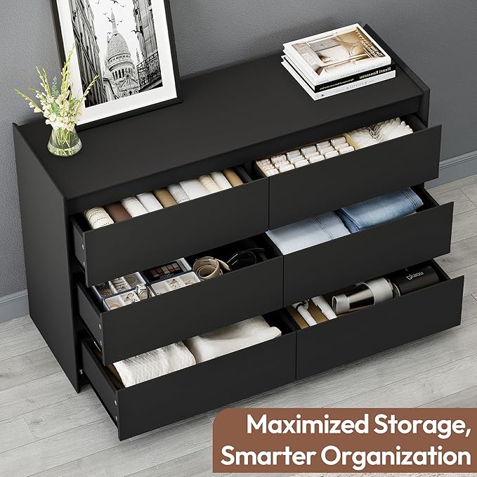 47" Black Dresser for Bedroom, Modern Long Wooden 6 Drawer Dresser, Sturdy Wood Chest of Drawers with Anti-Tip Kit, Handle-Free Horizontal Cabinet for Master Room, Matte Black