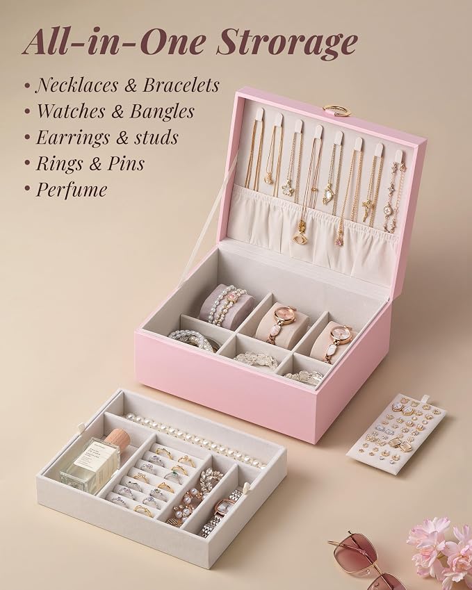 pickpiff 2 Layer Jewelry Box Organizer for Women, Jewelry Organizer with Handle & Removable Tray, Necklace Holder Ring Earring Storage, Velvet Lined Jewelry Case for Home or Travel, Gift Ready, Pink - Image 5