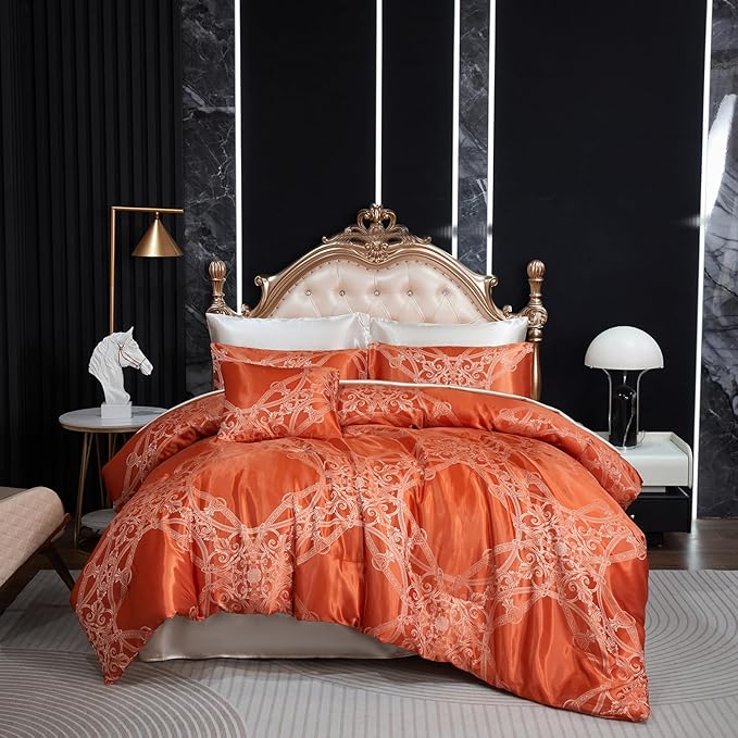 Jacquard Full Comforter Set with Beige Sheet Set Orange Bedding Set 8 Pcs Embroidery Neoclassical Floral Elegant Bed Home Decor Soft Down Comforter Luxury Hotel Silky Bed in a Bag with 1 Cushion Cover
