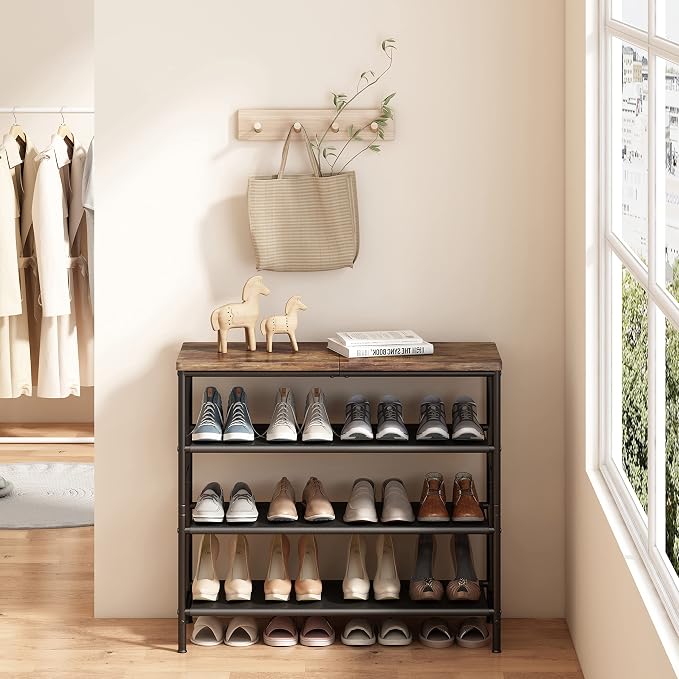 INGIORDAR Shoe Rack Organizer 4 Tier Metal Organizer Shelf with Industrial MDF Board and Layer Fabric for Entryway Closet Bedroom Living Room Garage,Black & Rustic Brown (Black+Rustic Brown, 4 Tier) - Image 2