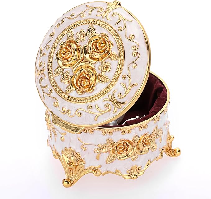 Hipiwe Vintage Round Jewelry Box Small Trinket Storage Organizer Box Gold Metal Chest Ring Case Treasure Box Keepsake Box Earrings Necklace Storage Box Gift for Women, Small - Image 8